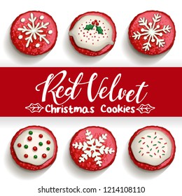 Red velvet chocolate chip cookies on white background with calligraphy design Vector illustration