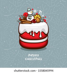Red Velvet Christmas cake vector illustration. Pie with holiday decoration, cream cheese, berries and spices. Logo for season menu. Traditional american dessert.