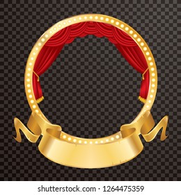 Red Velvet Circus Stage With Golden Circle Frame, Show Business And Entertainment Background