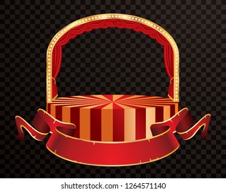 red velvet circus stage with golden frame and blank red banner, show business and entertainment background