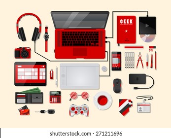 Red Velvet Complete modern vector illustration concept of creative office workspace. Top view of desk background with laptop, digital devices, office objects, books and documents.