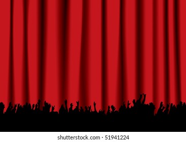 Red velvet concert stage curtain and silhouette of crowd hands