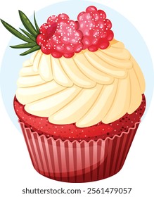 Red Velvet Cupcake with Cream Cheese Frosting Swirl and Raspberry Toppings. Festive Pastry Vector Art