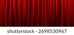 Red velvet curtain background. Closed curtains wallpaper for theater stage or cinema, circus. Crimson fabric drapery backdrop for award, show, performance. Vector textile room scene banner concept