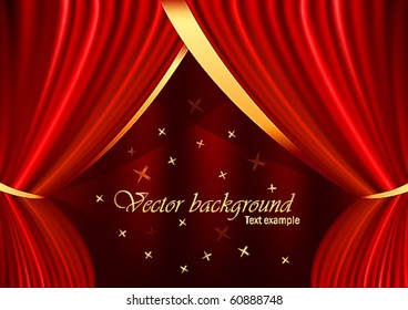 Red velvet curtain with gold ornaments, stars and a place for the text