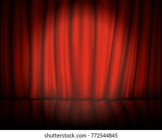 Red velvet curtain with stage. Spotlight on stage curtain. Vector illustration. Eps 10.