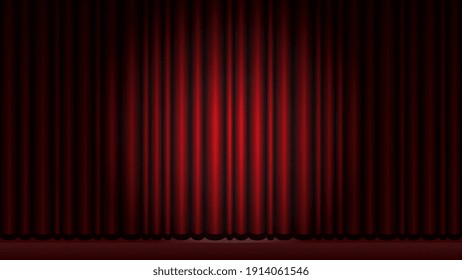 Red velvet curtain in theater or cinema. Flashlight. Scene. Stage. Realistic digital illustration. Vector EPS10. 