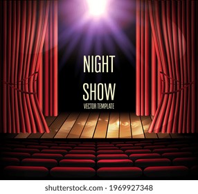 Red velvet curtain in theater or cinema. Flashlight. Scene. Stage. Realistic digital illustration. Night show flyer template. Graphic design for Stand-Up Comedy, Cinema, Opera, Theater. Vector EPS10.