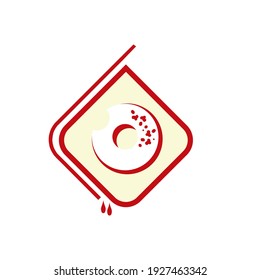 Red velvet donut logo. Red donut topped with white chocolate and donut crumbs.