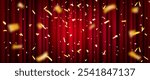 Red velvet drapes with scattered golden confetti. Theater setting with falling gold fragments. Elegant stage curtain with folds, spot light, sparkling particles. Classical entertainment background.