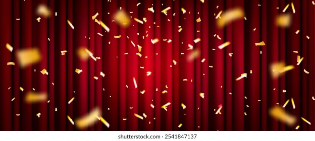 Red velvet drapes with scattered golden confetti. Theater setting with falling gold fragments. Elegant stage curtain with folds, spot light, sparkling particles. Classical entertainment background.