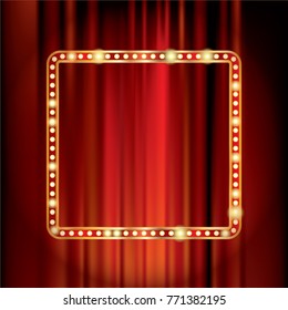 red velvet with golden frame and bulb lamps, vector stage background