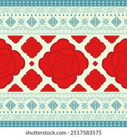 Red Velvet Immortal Roses - Sign of Endless Love Flower. Fleur de lis Motif Sweet Color Design with Red Rose and Pastel Green Background. Detailed of Handwork illustration Seamless Pattern Vector.
