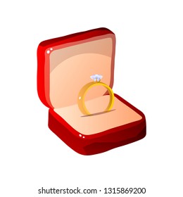 Red Velvet Opened Gift Box with Diamond Ring Jewelry Vector Illustration