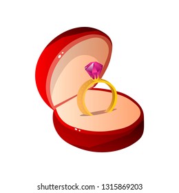 Red Velvet Opened Gift Box with Ruby Ring, Round Shaped Jewelry Case Vector Illustration