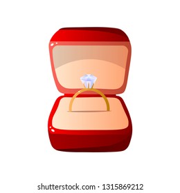 Red Velvet Opened Gift Box with Diamond Ring, Square Shaped Jewelry Case Vector Illustration
