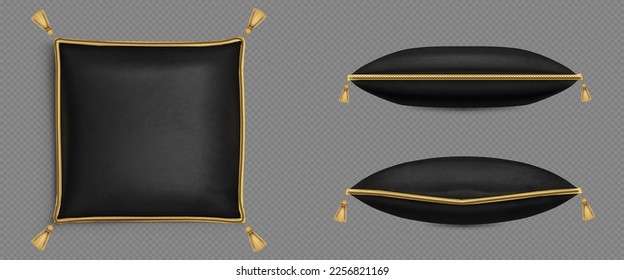 Red velvet pillows decorated with gold cord or rope and tassels, 3D realistic vector illustrations. Soft silk cushion, royal design, top side view isolated on transparent background