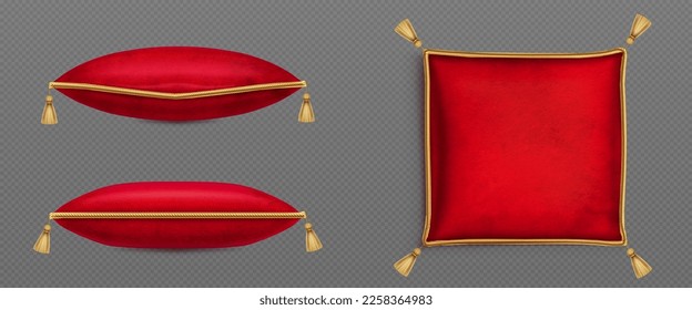 Red velvet pillows decorated with gold cord or rope and tassels, 3D realistic vector illustrations. Scarlet silk cushion, royal design, top side view isolated on transparent background