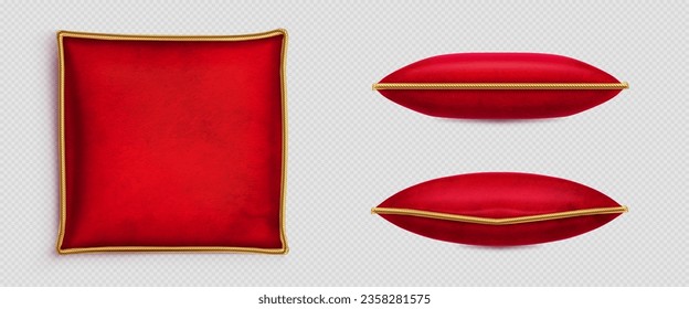 Red velvet pillows decorated with gold cord or rope, 3D realistic vector illustrations. Scarlet silk cushion, royal design, top side view isolated on transparent background