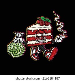 red velvet raspberry cake vector hold weed nug bag and smoking blunt cannabis bud flower marijuana and happy face