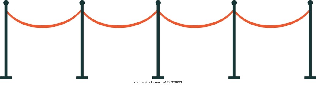 Red velvet rope barrier vector illustration isolated white background. Velvet rope VIP access exclusive event. Queue control posts ropes cinema theater premiere