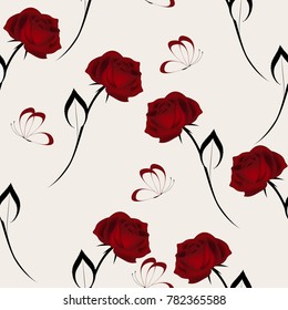 Red velvet roses with butterflies, seamless pattern.