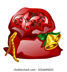 Red velvet sack tied with a rope with golden Christmas bells filled with precious stones rubies isolated on white background. Vector cartoon close-up illustration.