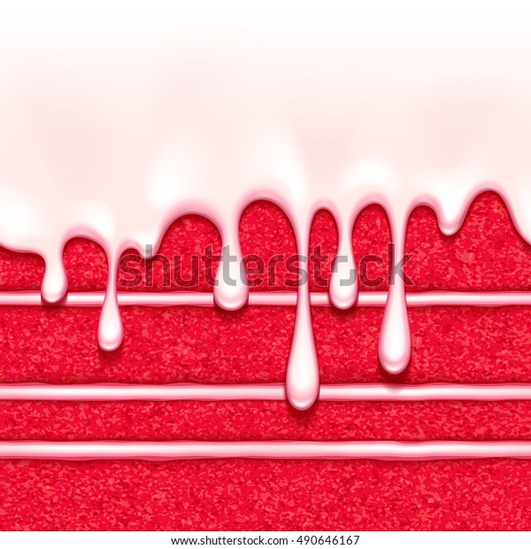白いクリームが入り グレーズの流れの背景に赤いビロードのスポンジケーキ カラフルなシームレスなテクスチャー ベクターイラスト ベーカリーメニューデザインに適している ポスターバナーのチラシのパッケージ のベクター画像素材 ロイヤリティフリー