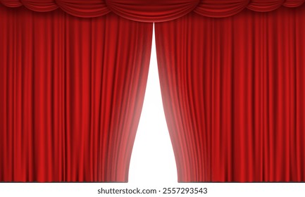 Red velvet theater or cinema curtain opens with stage lights. Vector illustration