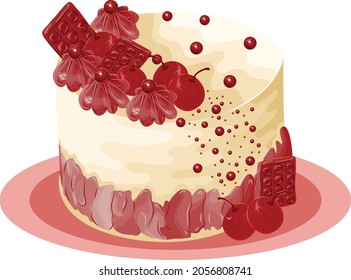 Pastel vectorial de terciopelo rojo con cereza, cubierta de perlas, vector de detalle de crema de látigo