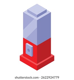 Red vending machine dispensing products, isometric view, isolated on white background