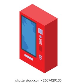 Red vending machine displaying products, with a large screen and a keypad for selecting items