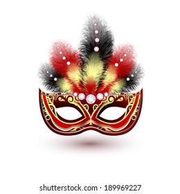 Red venetian carnival mardi gras colorful party mask with decoration feathers and diamonds vector illustration