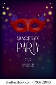 Red Venetian Carnival Mask Decorated With Purple Feathers And Gems Against Dark Background With Flashes Of Lights. Vector Illustration For Masquerade Ball Or Party Invitation, Banner, Poster, Flyer.