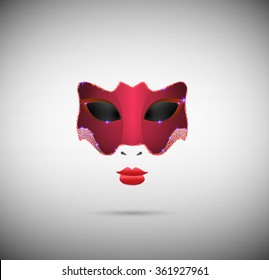 Red Venetian mask with red lips isolated, vector