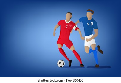 Roter gegen blauer Fußballspieler, der während der Spielvariante einen Ball tropft