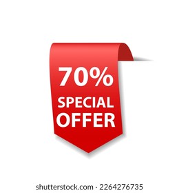 Red vertical 3d ribbon, web tag, bookmark with text isolated on white background. Template for sales, discounts, promotions. Vector illustration.