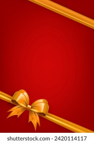 Red vertical banner with golden realistic 3d bow and empty space for text. Three dimensional silk yellow bow in the corner with ribbon as frame for greeting card or gift box wrapping, present package