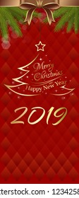 Red vertical banner for New Year 2019. Merry Christmas and Happy New Year. Vector illustration