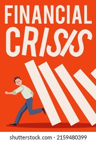 Red vertical banner or poster about financial crisis flat style, vector illustration. Office man character running away from domino effect, letters fall, business concept