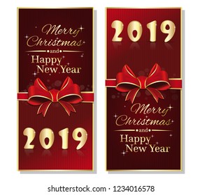 Red vertical banner set for Christmas and New Year 2019. New year red flyers collection with ribbon and bow. Vector illustration
