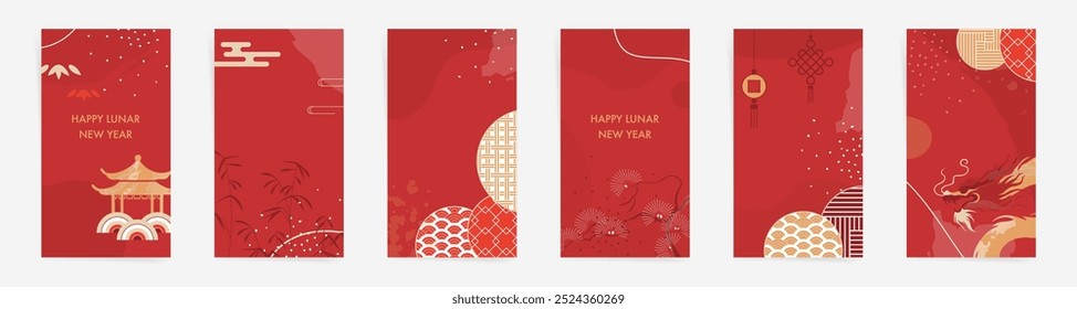 Red Vertical Chinese Lunar New Year Banners Set  with Golden Dragons and Asian Japanese Ornaments.