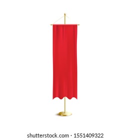 Red vertical empty pennant hanging on standing rack, 3d realistic vector mockup illustration isolated on white background. Poster or promotional banner template.