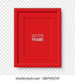 Roter vertikaler Rahmen mit Passepartout auf transparentem Hintergrund. Leere, elegante Rahmenvorlage für die Bild- oder Textplatzierung. Rechteckiger Bildrahmen, realistische Vektorgrafik nach oben.