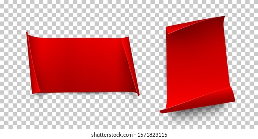 Red vertical and horizontal paper sheets with curled edges isolated on transparent background. Vector design elements
