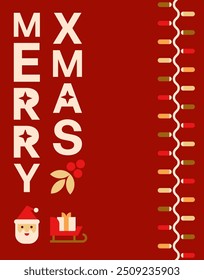 Red Vertical Merry Xmas Card with Santa, Sleigh, and LED Lights, Vector Illustration