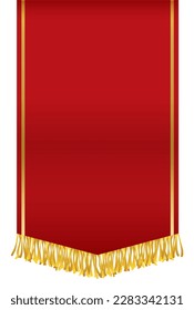 Red vertical pennant with golden ribbons and fringes at the bottom. Template design in gradient effect.