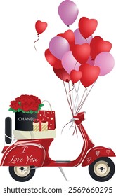 Red vespa with flowers, gifts and balloons.