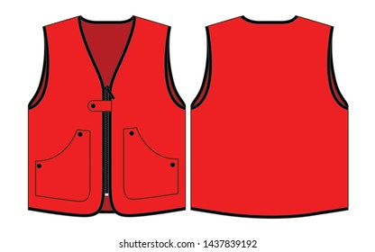 Red Vest Design Vector With Black Edging Rim.Front & Back Views.