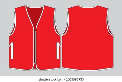 Red Vest Design With White Edging And Two Pockets On Front Chests Vector.Front And Back View.